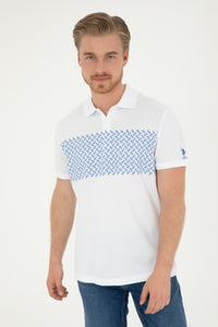 Tricou Polo Barbat Alb Cu Model Albastru Pe Piept