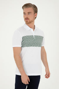 Tricou Polo Barbat Alb Cu Model Verde Pe Piept