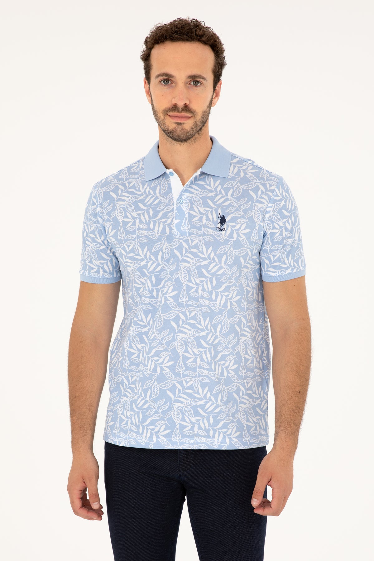 Tricou Polo Bărbați Alb/ Albastru Deschis cu Model  