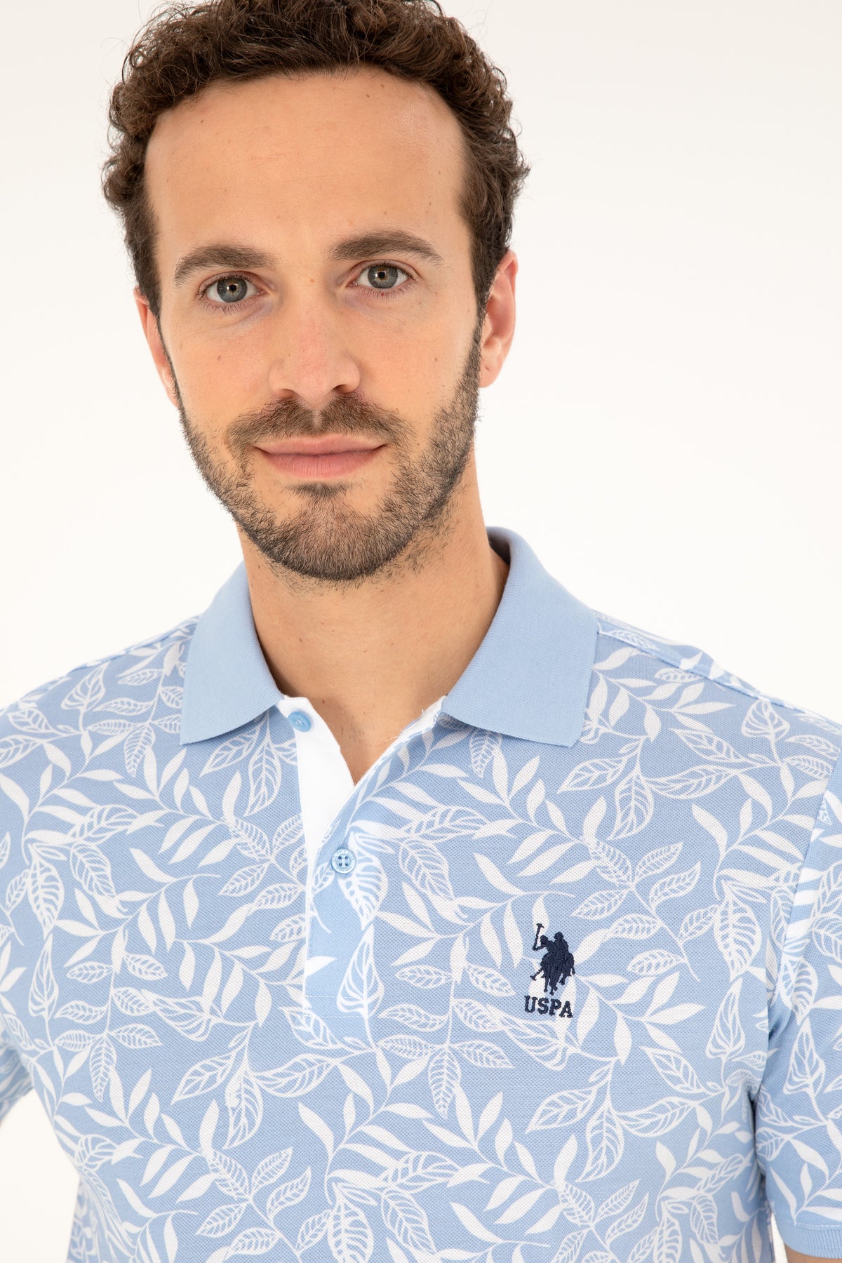 Tricou Polo Bărbați Alb/ Albastru Deschis cu Model  