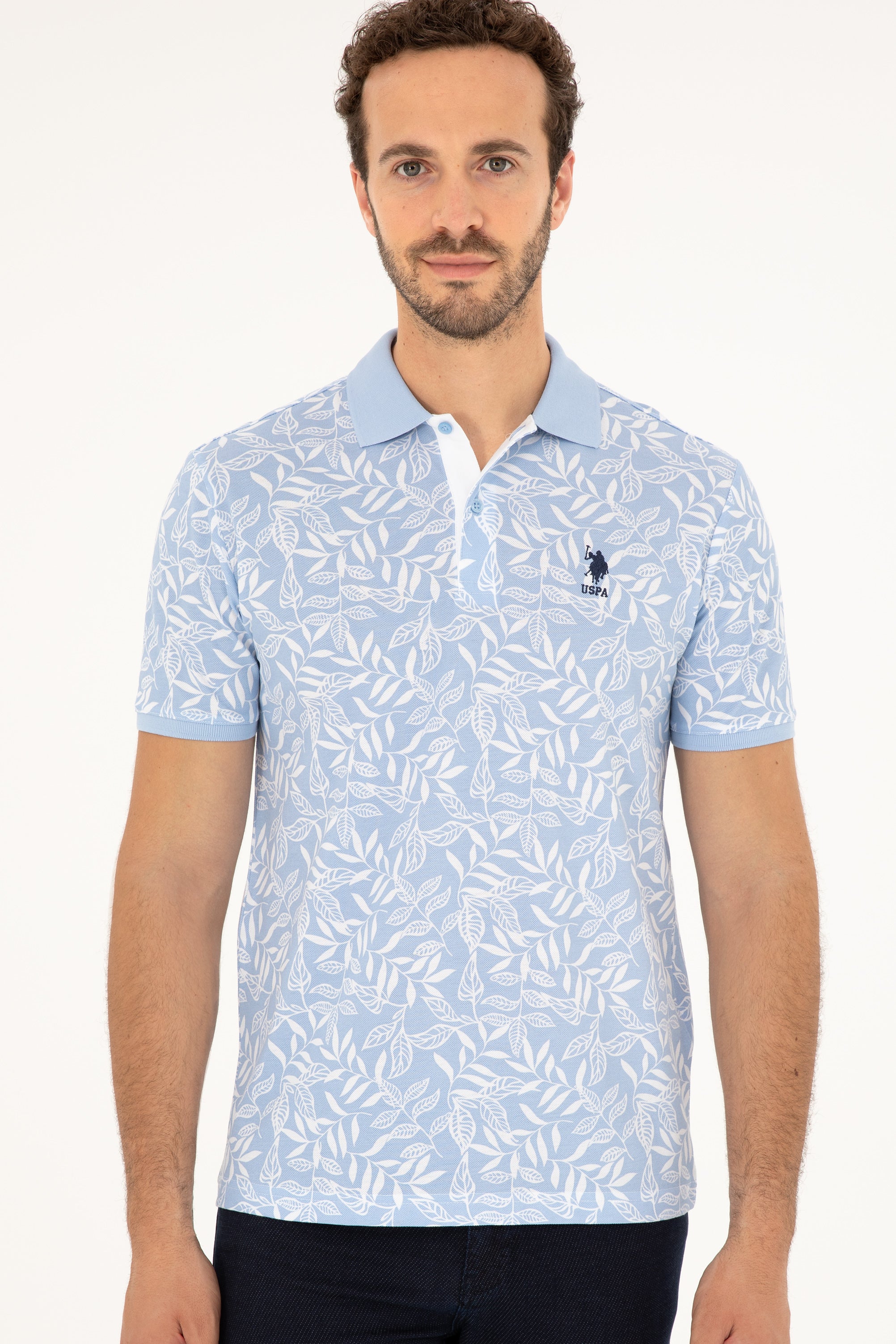 Tricou Polo Bărbați Alb/ Albastru Deschis cu Model  