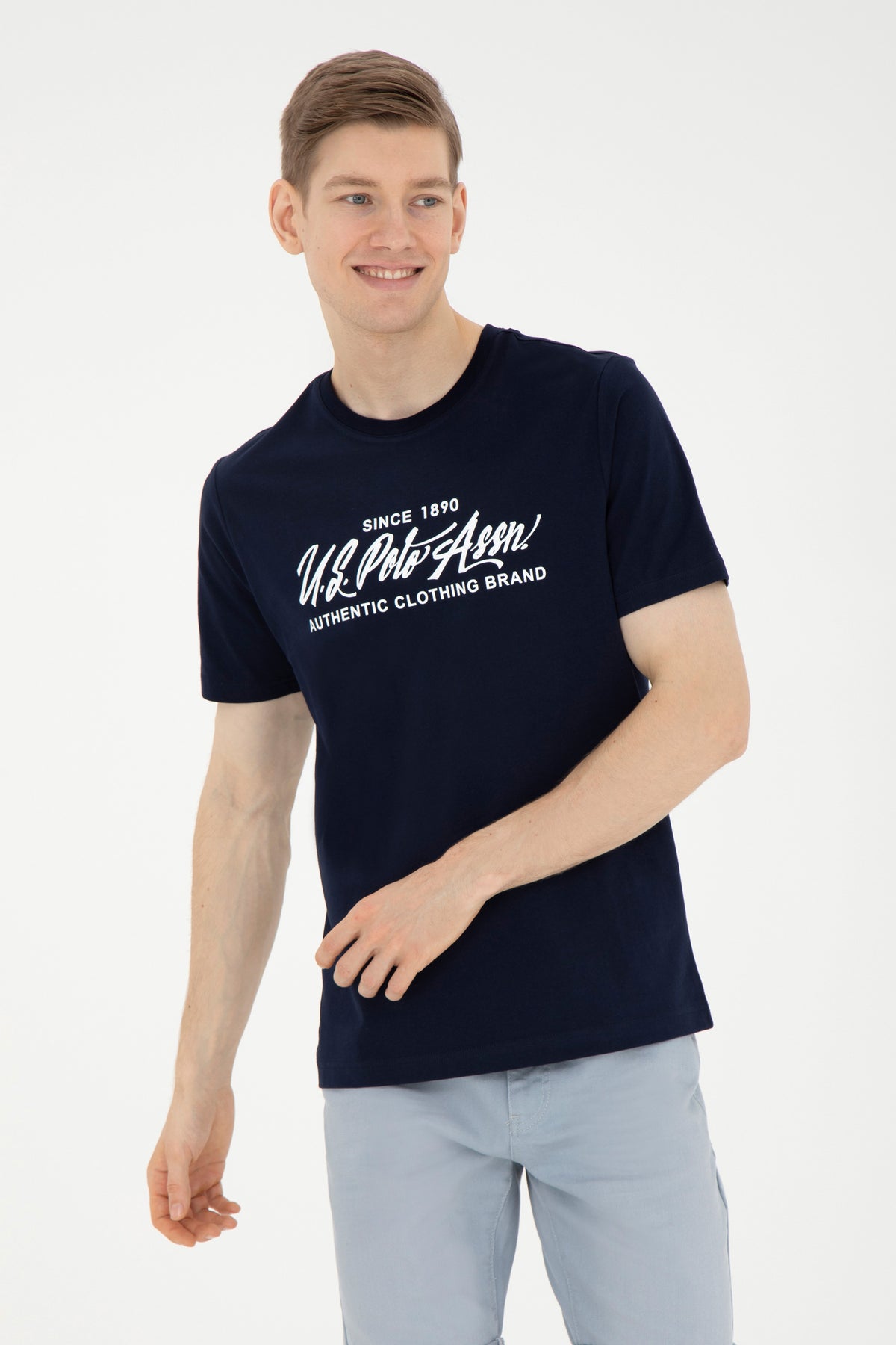 Tricou Bărbați Bleumarin cu Guler Rotund și Print Text Pe Piept