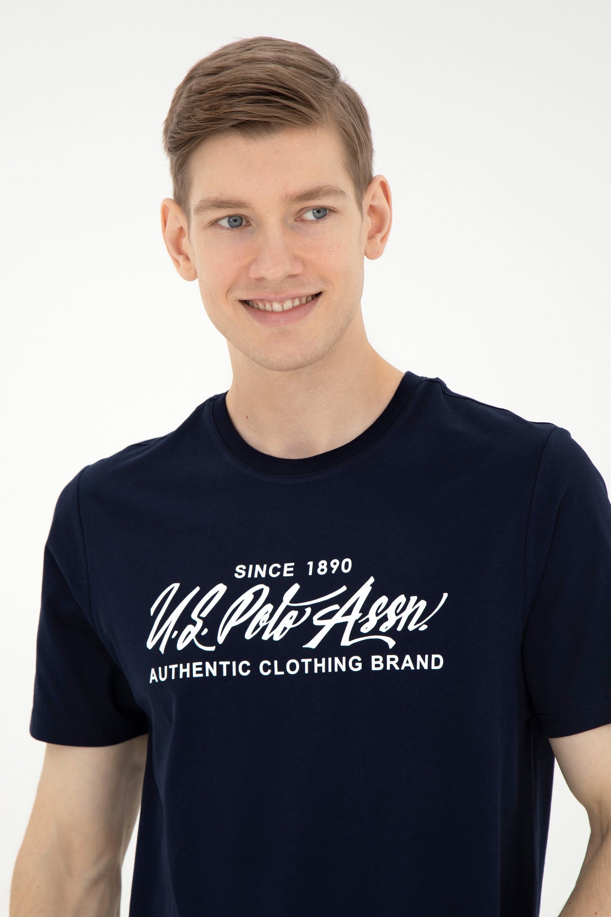 Tricou Bărbați Bleumarin cu Guler Rotund și Print Text Pe Piept