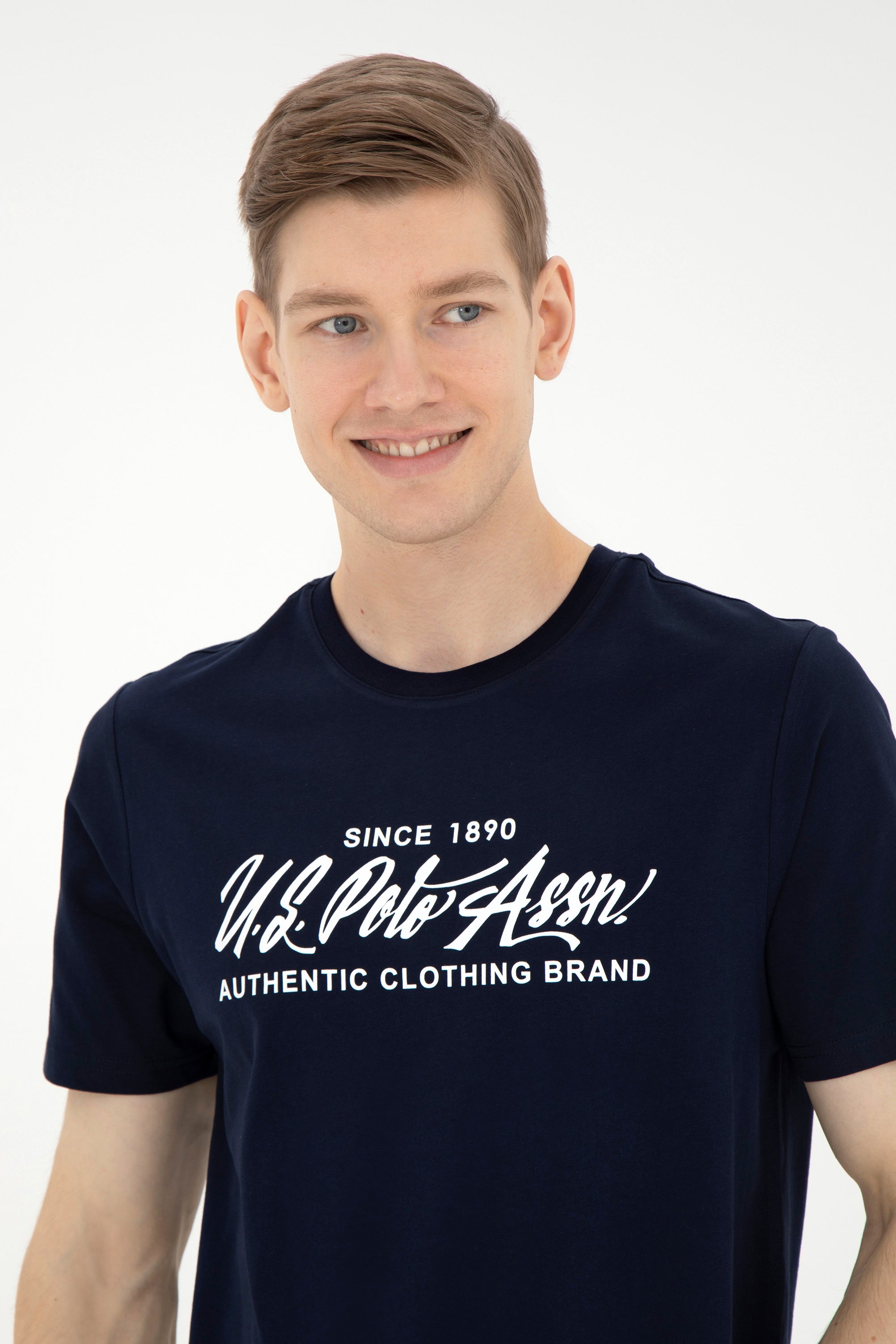 Tricou Bărbați Bleumarin cu Guler Rotund și Print Text Pe Piept