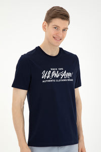 Tricou Bărbați Bleumarin cu Guler Rotund și Print Text Pe Piept