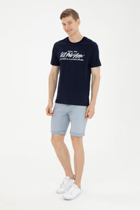 Tricou Bărbați Bleumarin cu Guler Rotund și Print Text Pe Piept