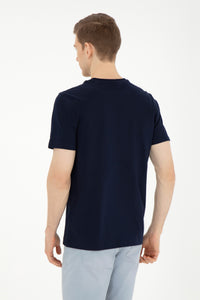 Tricou Bărbați Bleumarin cu Guler Rotund și Print Text Pe Piept