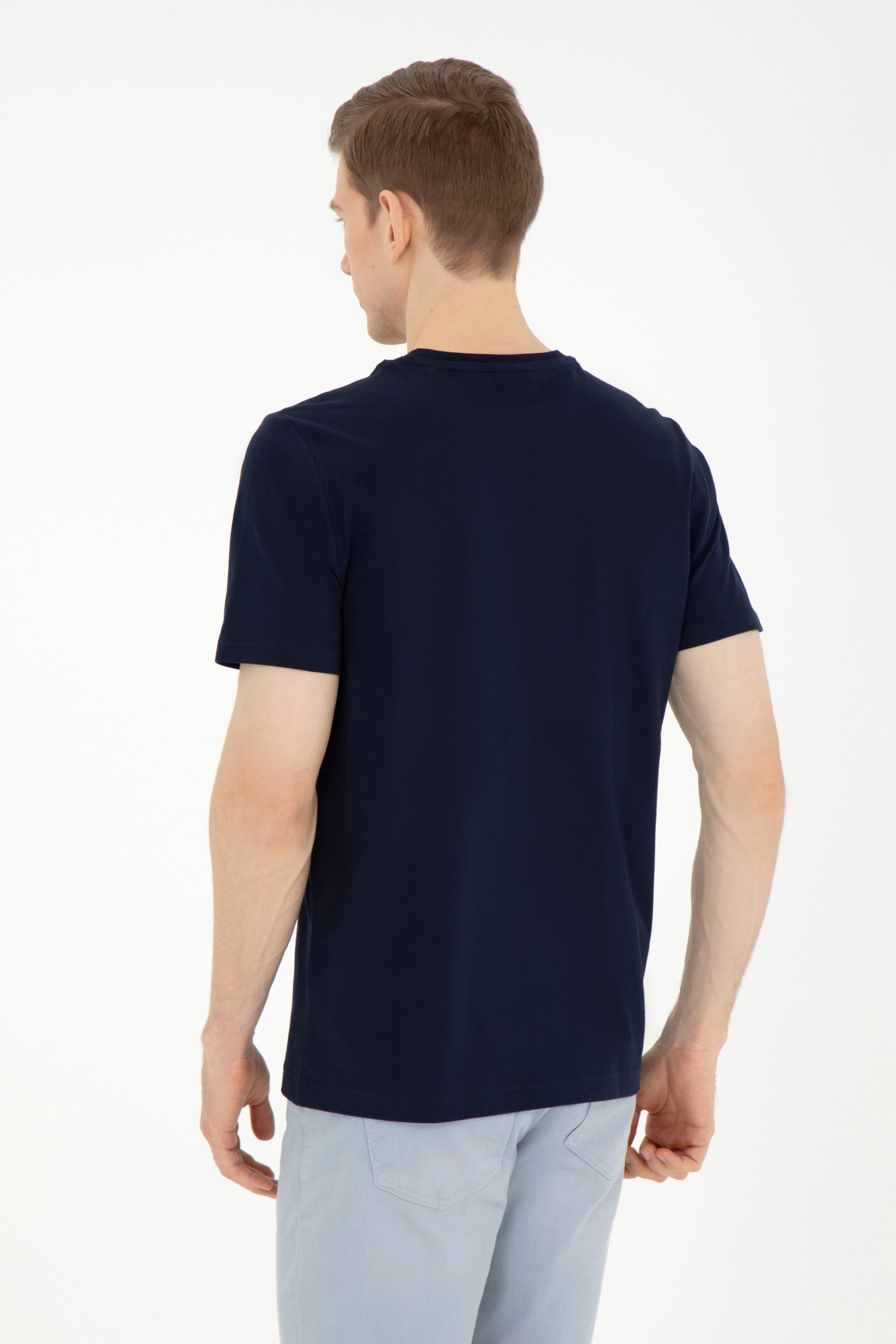 Tricou Bărbați Bleumarin cu Guler Rotund și Print Text Pe Piept