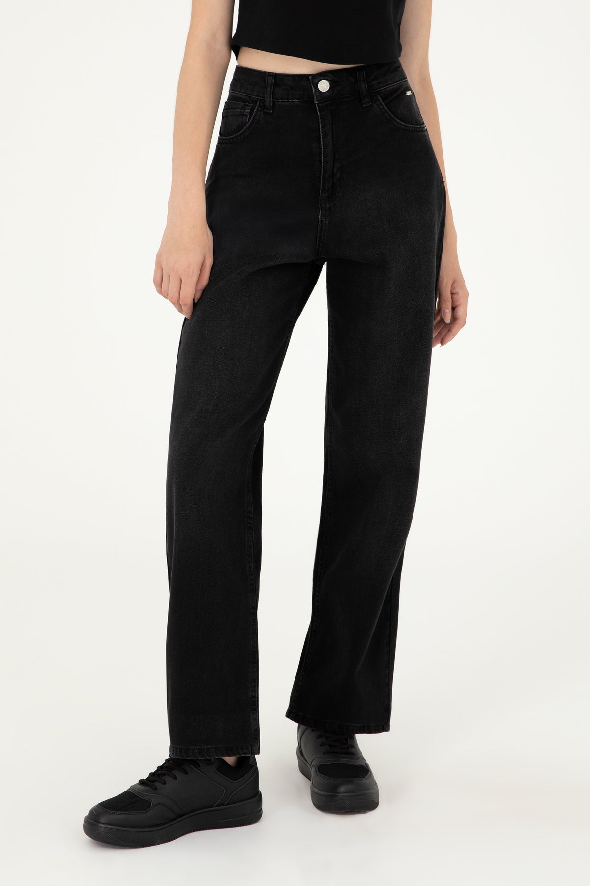 Blugi Damă Pe Negru Cu Talie Înaltă