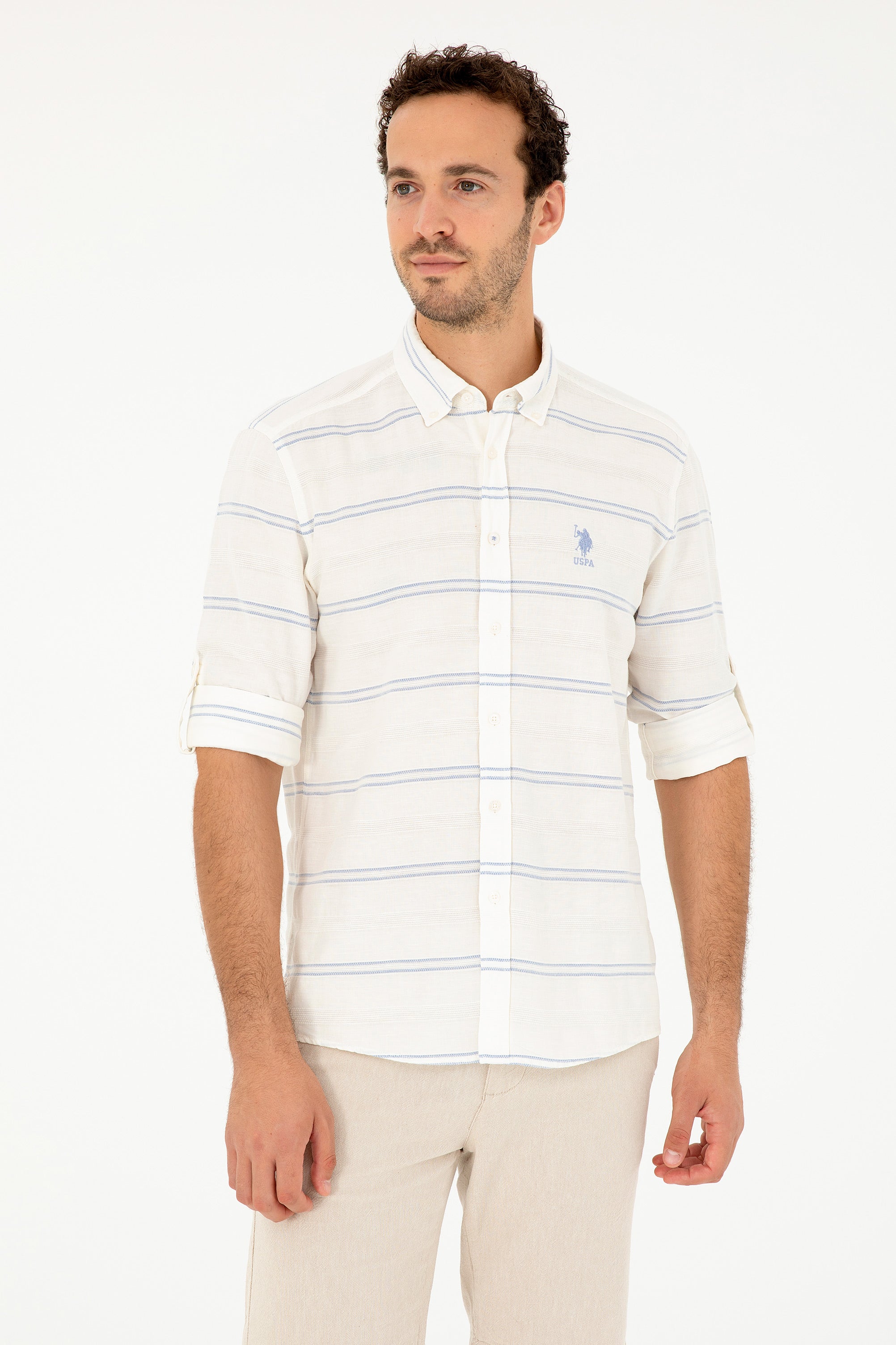 Cămașă Bărbați Pe Alb cu Dungi Albastru Deschis Și Logo Brodat