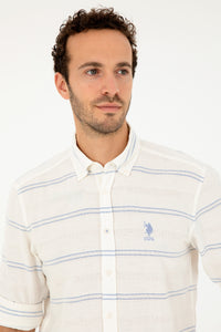 Cămașă Bărbați Pe Alb cu Dungi Albastru Deschis Și Logo Brodat