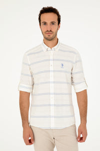 Cămașă Bărbați Pe Alb cu Dungi Albastru Deschis Și Logo Brodat