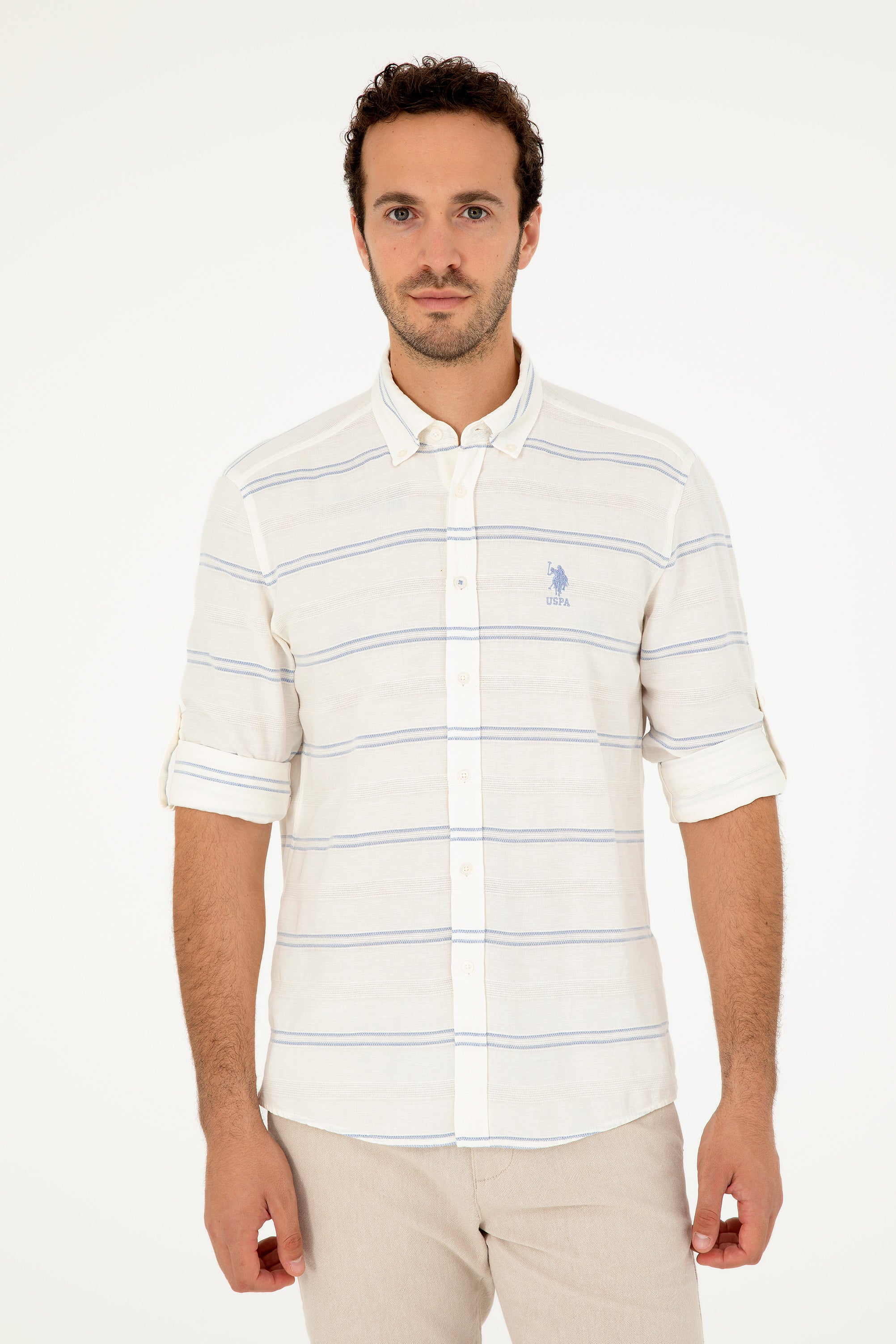 Cămașă Bărbați Pe Alb cu Dungi Albastru Deschis Și Logo Brodat