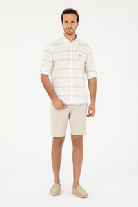 Cămașă Bărbați Pe Alb cu Dungi Albastru Deschis Și Logo Brodat