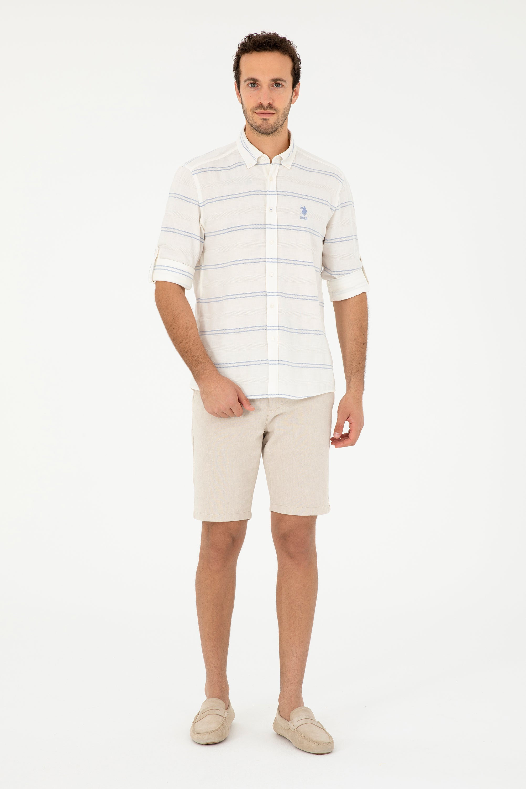 Cămașă Bărbați Pe Alb cu Dungi Albastru Deschis Și Logo Brodat