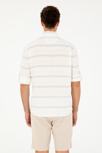 Cămașă Bărbați Pe Alb cu Dungi Albastru Deschis Și Logo Brodat