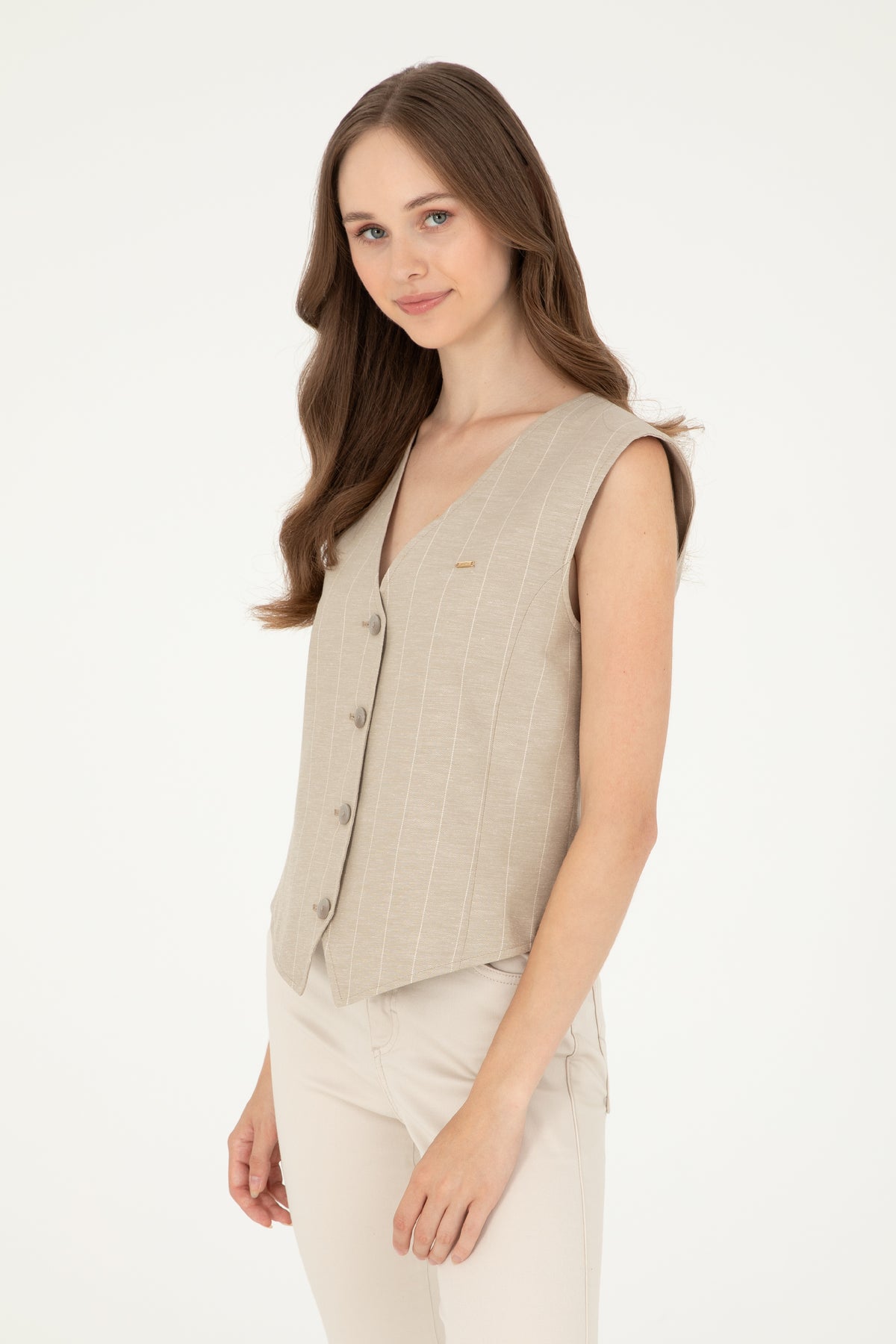 Vestă Damă Bej Cu Logo Atașat