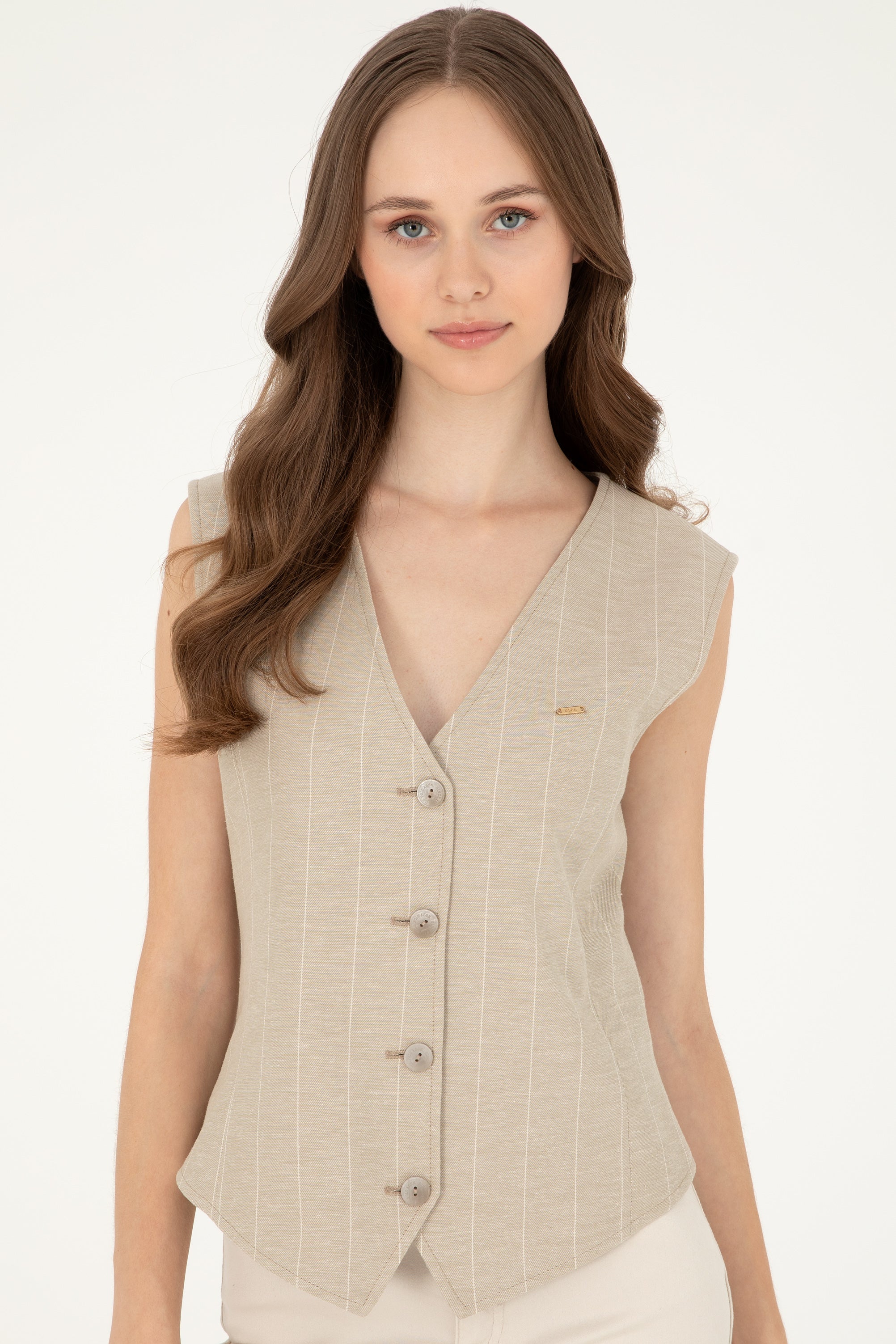 Vestă Damă Bej Cu Logo Atașat