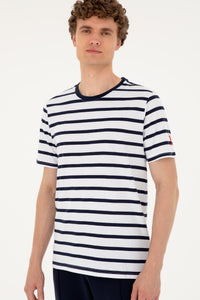 Tricou Bărbați Pe Alb Cu Dungi Bleumarin Cu Guler Rotund