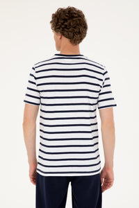 Tricou Bărbați Pe Alb Cu Dungi Bleumarin Cu Guler Rotund