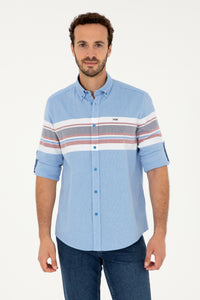 Cămașă Bărbați Pe Albastru Din Textură Fină Cu Dungi