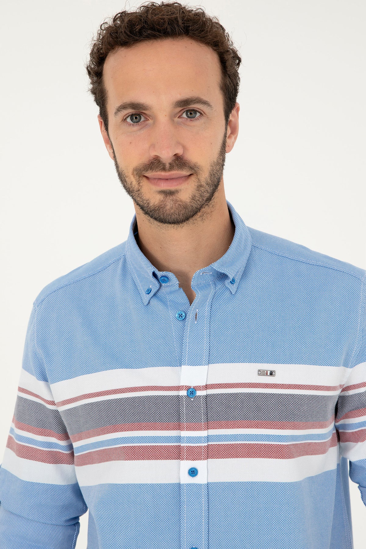Cămașă Bărbați Pe Albastru Din Textură Fină Cu Dungi