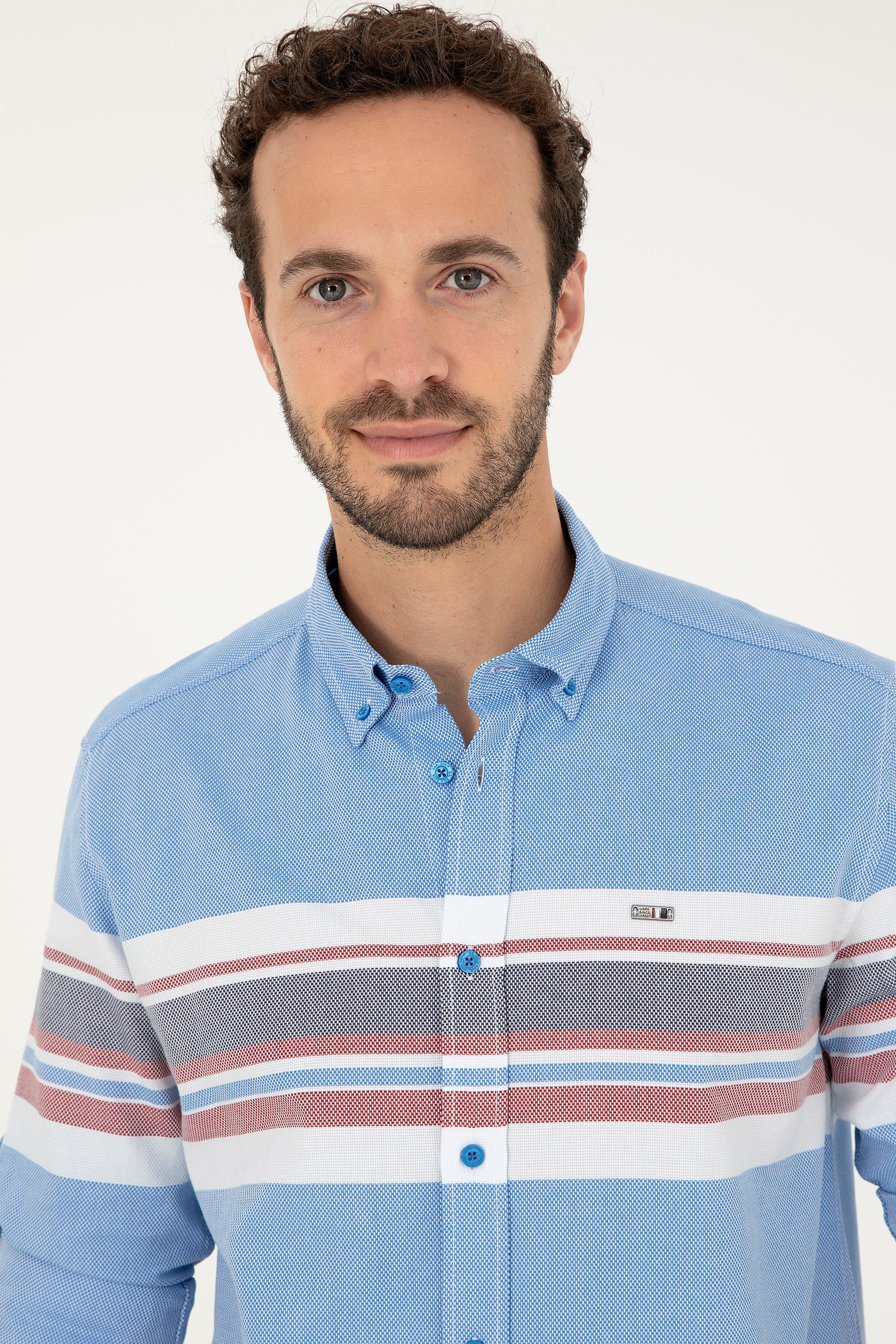 Cămașă Bărbați Pe Albastru Din Textură Fină Cu Dungi