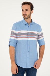 Cămașă Bărbați Pe Albastru Din Textură Fină Cu Dungi