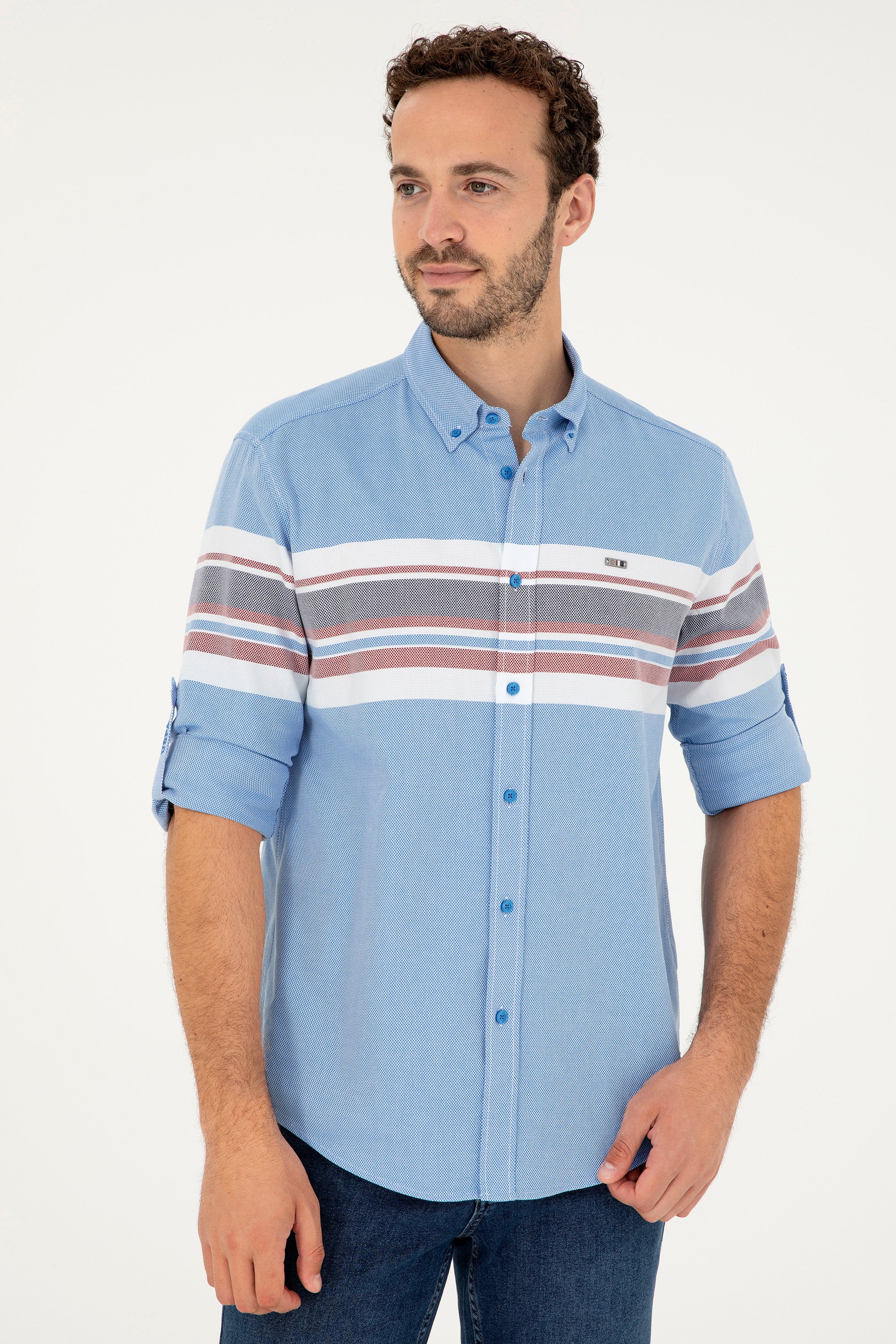 Cămașă Bărbați Pe Albastru Din Textură Fină Cu Dungi