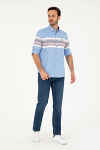 Cămașă Bărbați Pe Albastru Din Textură Fină Cu Dungi