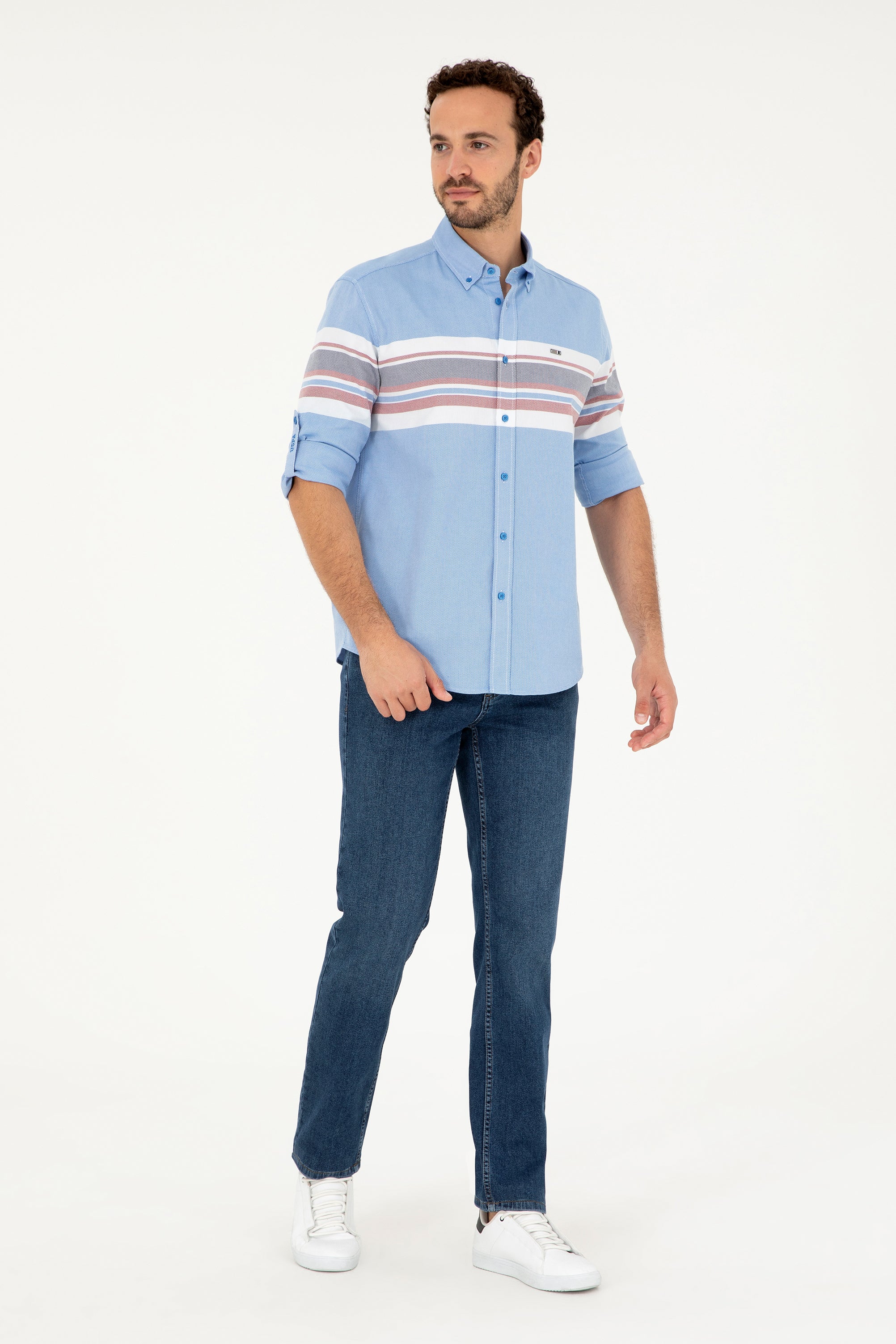 Cămașă Bărbați Pe Albastru Din Textură Fină Cu Dungi