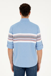 Cămașă Bărbați Pe Albastru Din Textură Fină Cu Dungi