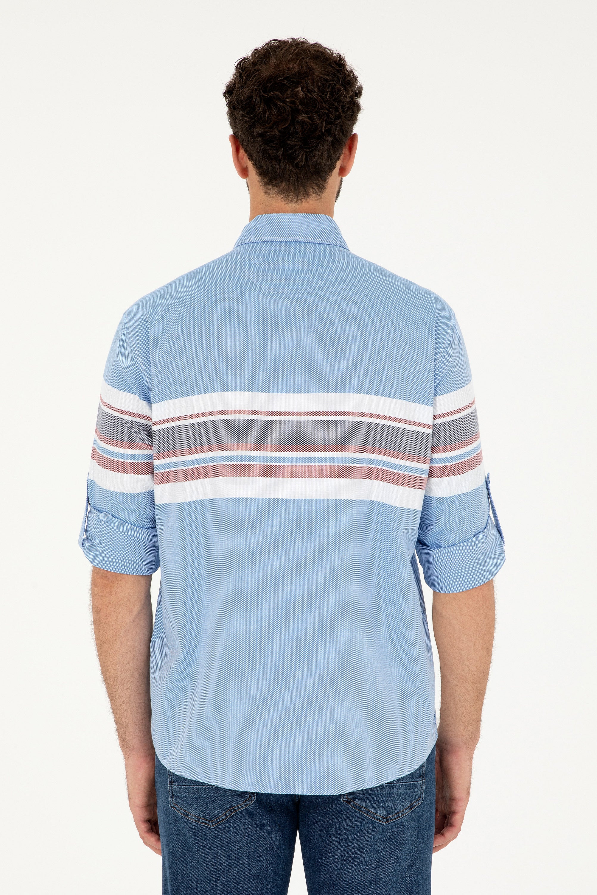 Cămașă Bărbați Pe Albastru Din Textură Fină Cu Dungi