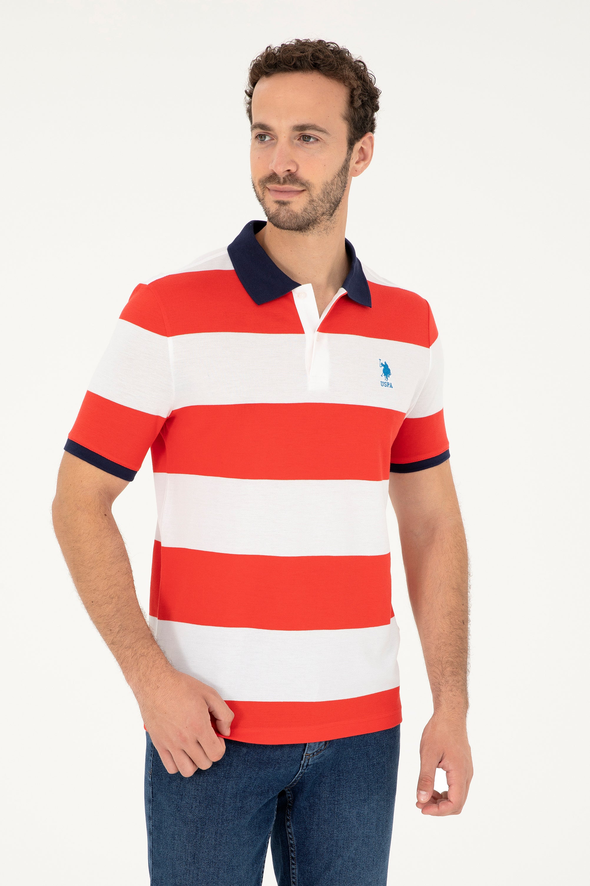 Tricou Polo Bărbați  Alb/ Roșu Aprins Cu Broderie Logo