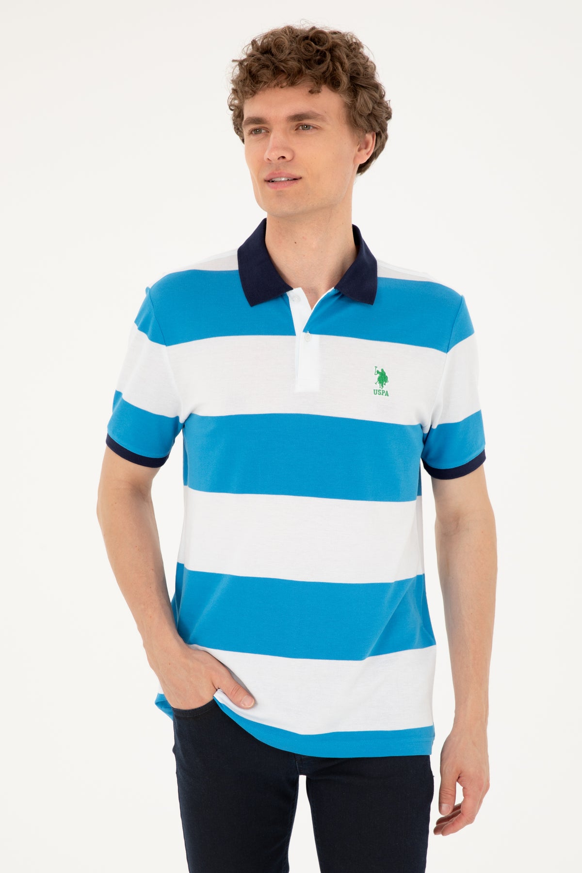 Tricou Polo Bărbați  Alb/ Albastru Cu Broderie Logo