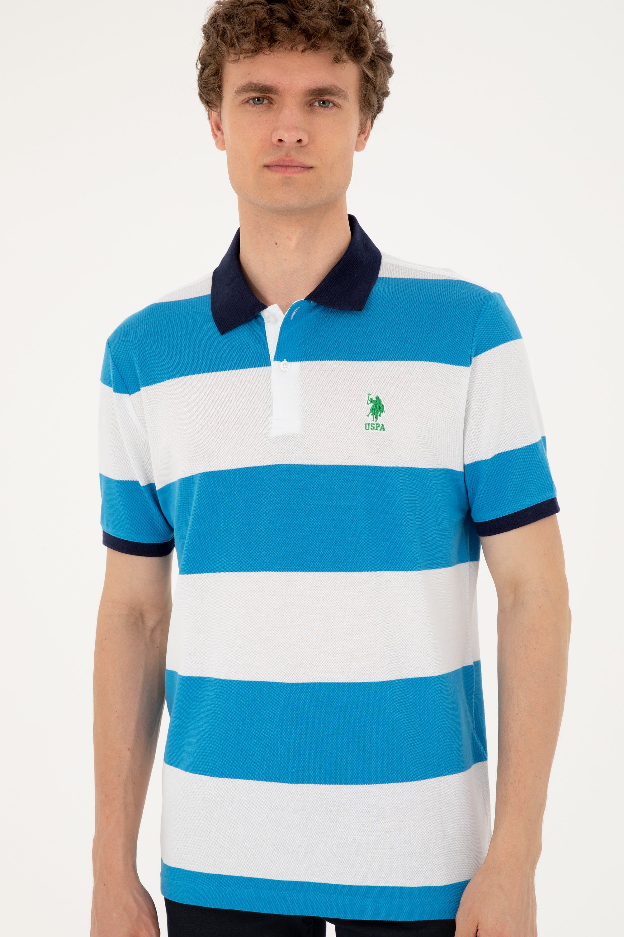 Tricou Polo Bărbați  Alb/ Albastru Cu Broderie Logo