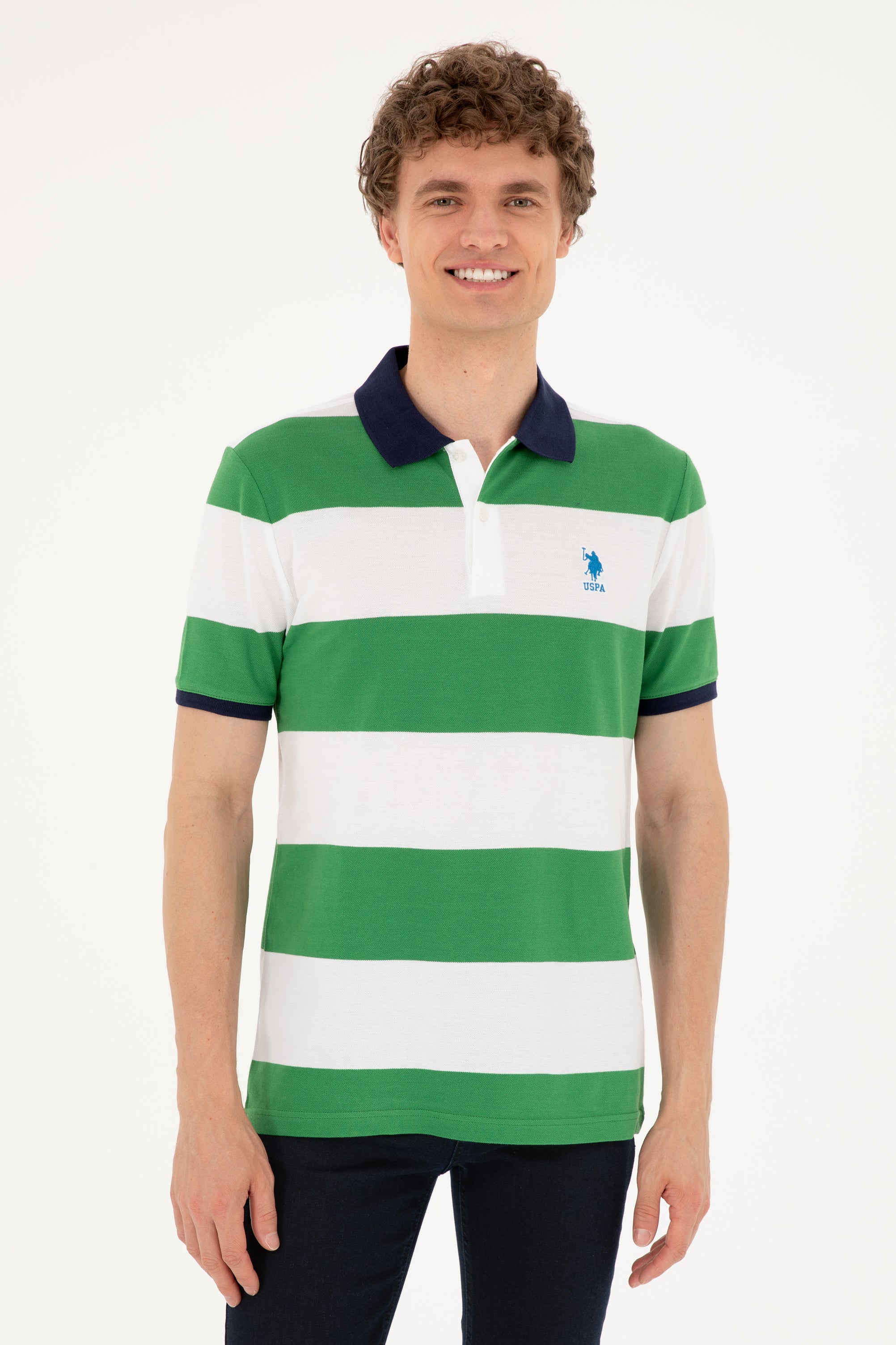 Tricou Polo Bărbați Alb/ Verde Cu Broderie Logo