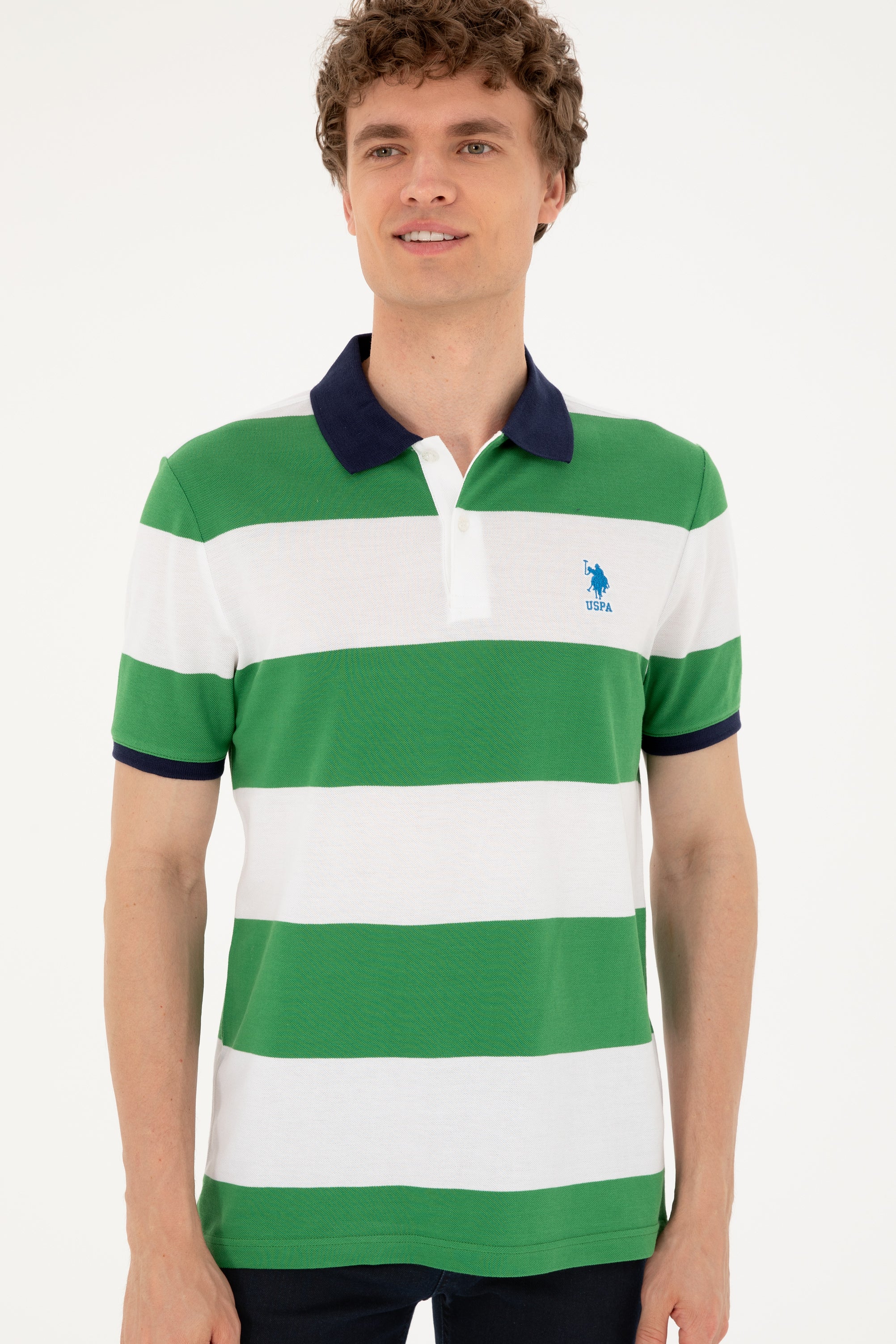 Tricou Polo Bărbați Alb/ Verde Cu Broderie Logo