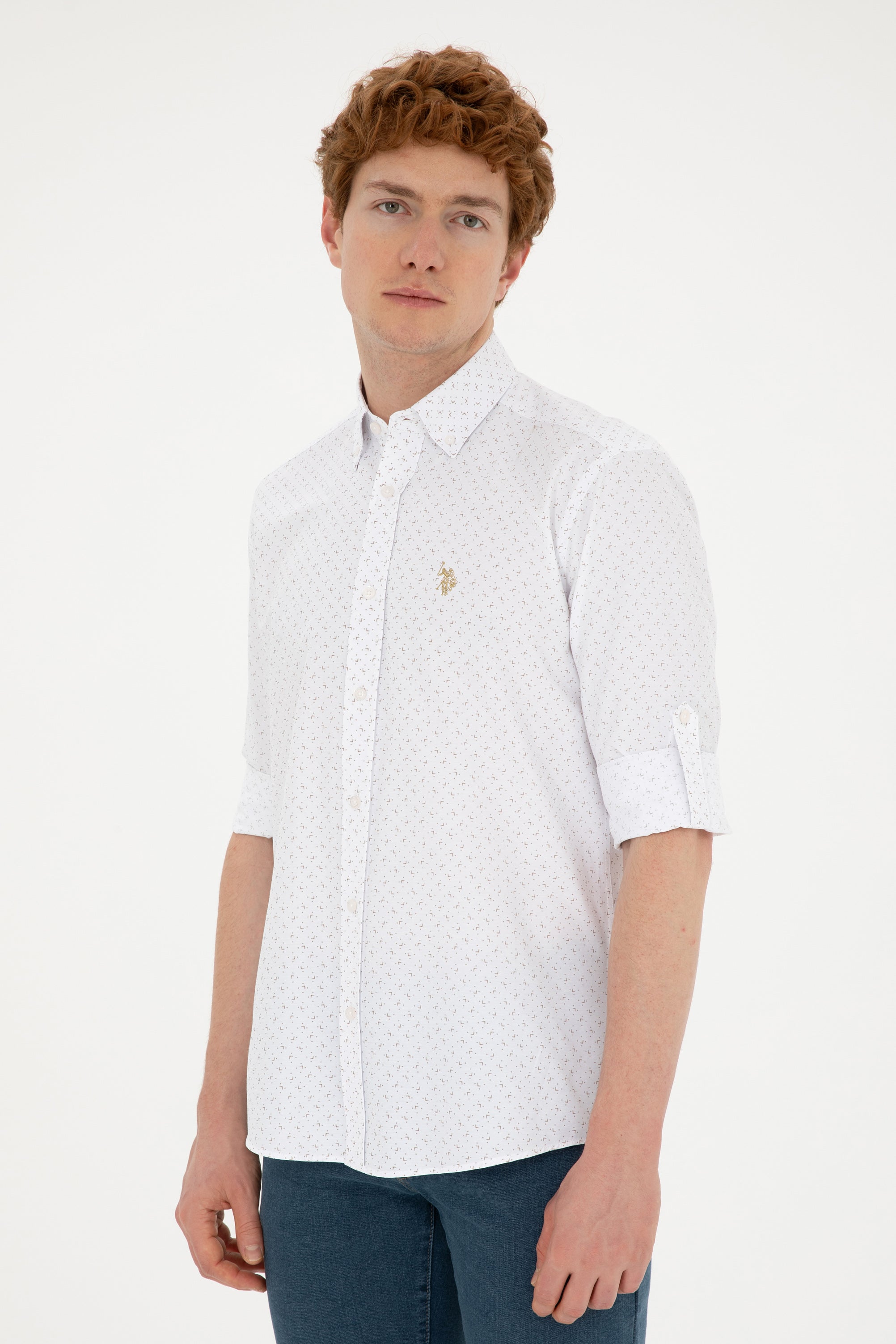 Cămașă Bărbați Alb/ Bej Cu Model Abstract Și Logo Discret