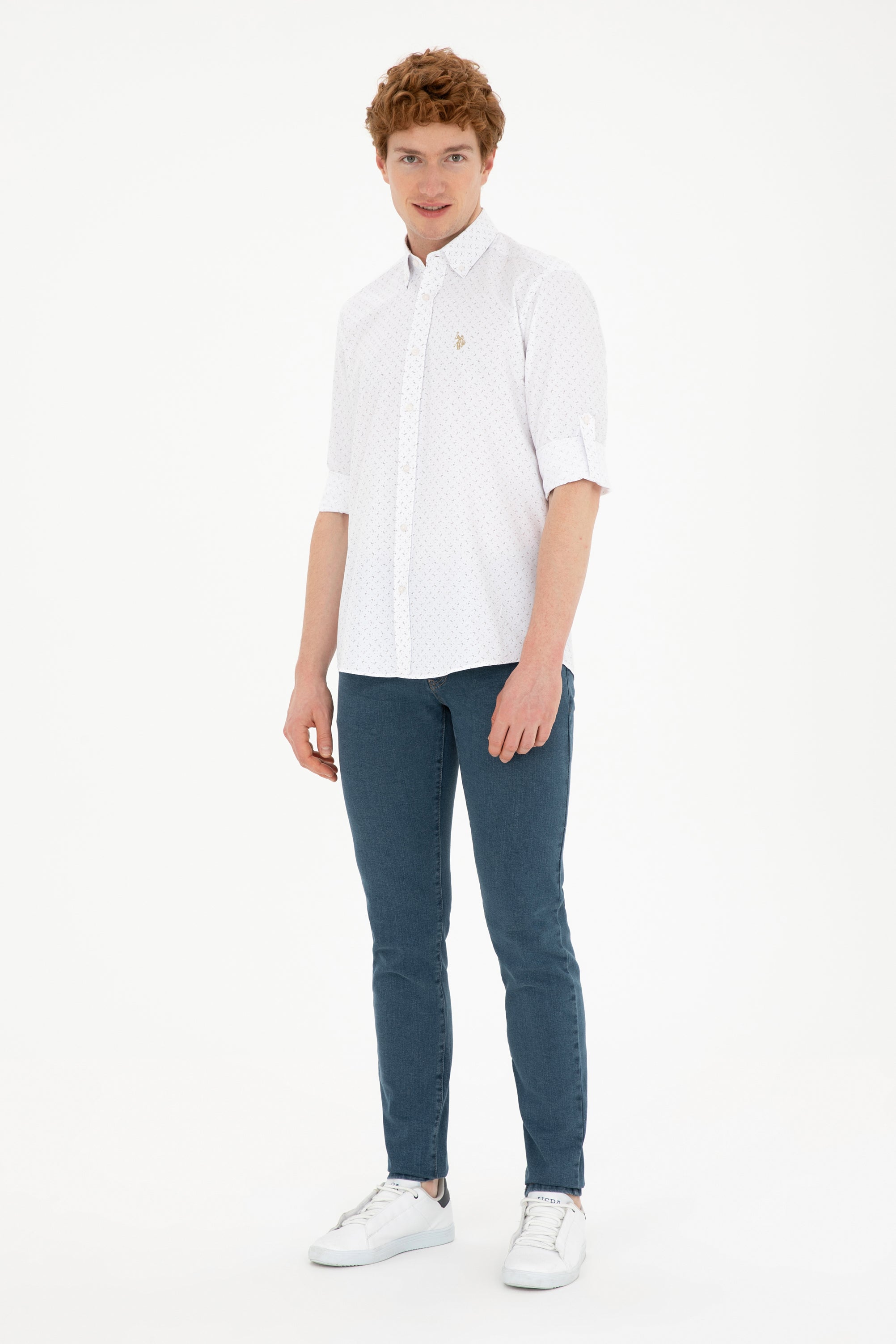 Cămașă Bărbați Alb/ Bej Cu Model Abstract Și Logo Discret