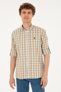 Cămașă Bărbați Alb/ Bej Cu Model În Carouri Și Logo Discret