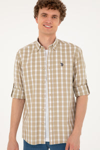 Cămașă Bărbați Alb/ Bej Cu Model În Carouri Și Logo Discret