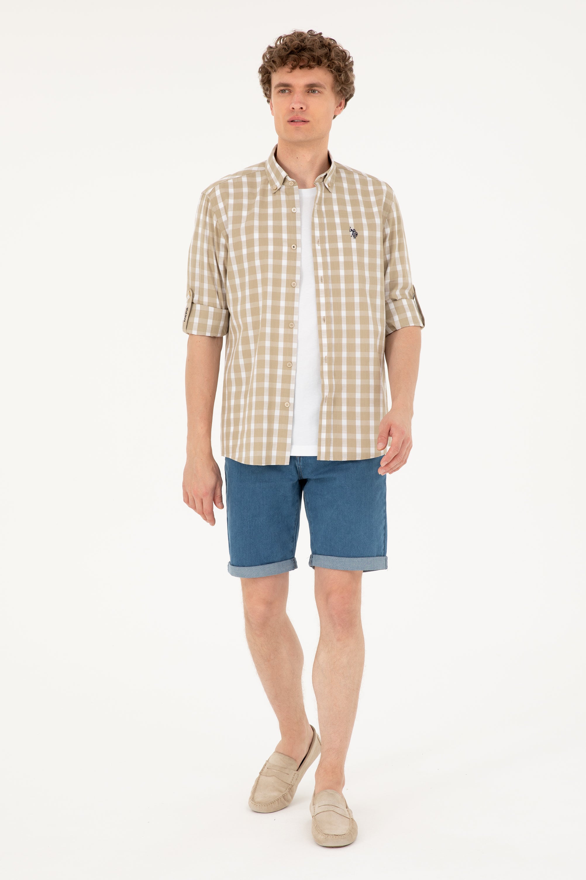 Cămașă Bărbați Alb/ Bej Cu Model În Carouri Și Logo Discret