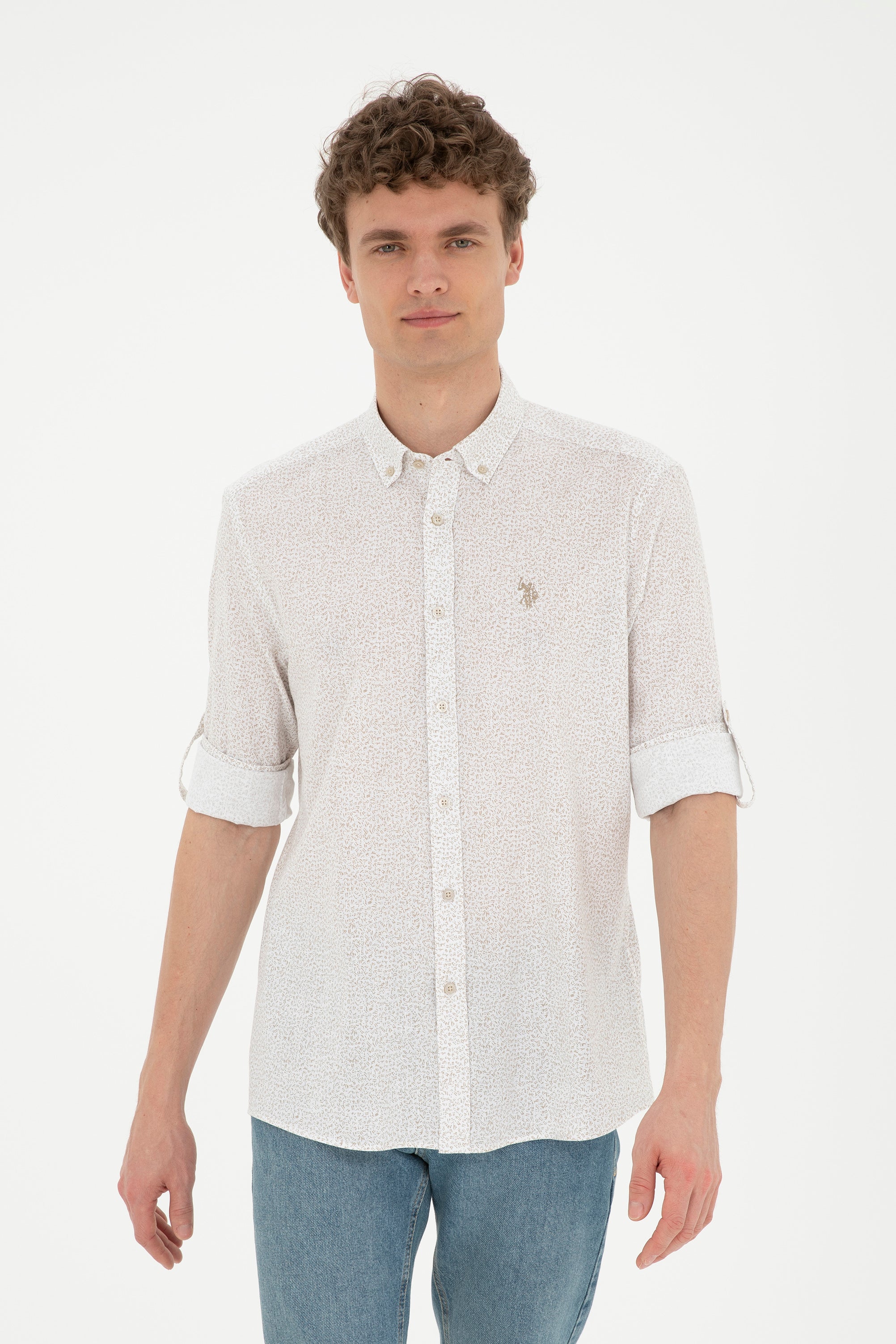 Cămașă Bărbați  Bej Cu Model Abstract Și Logo Discret