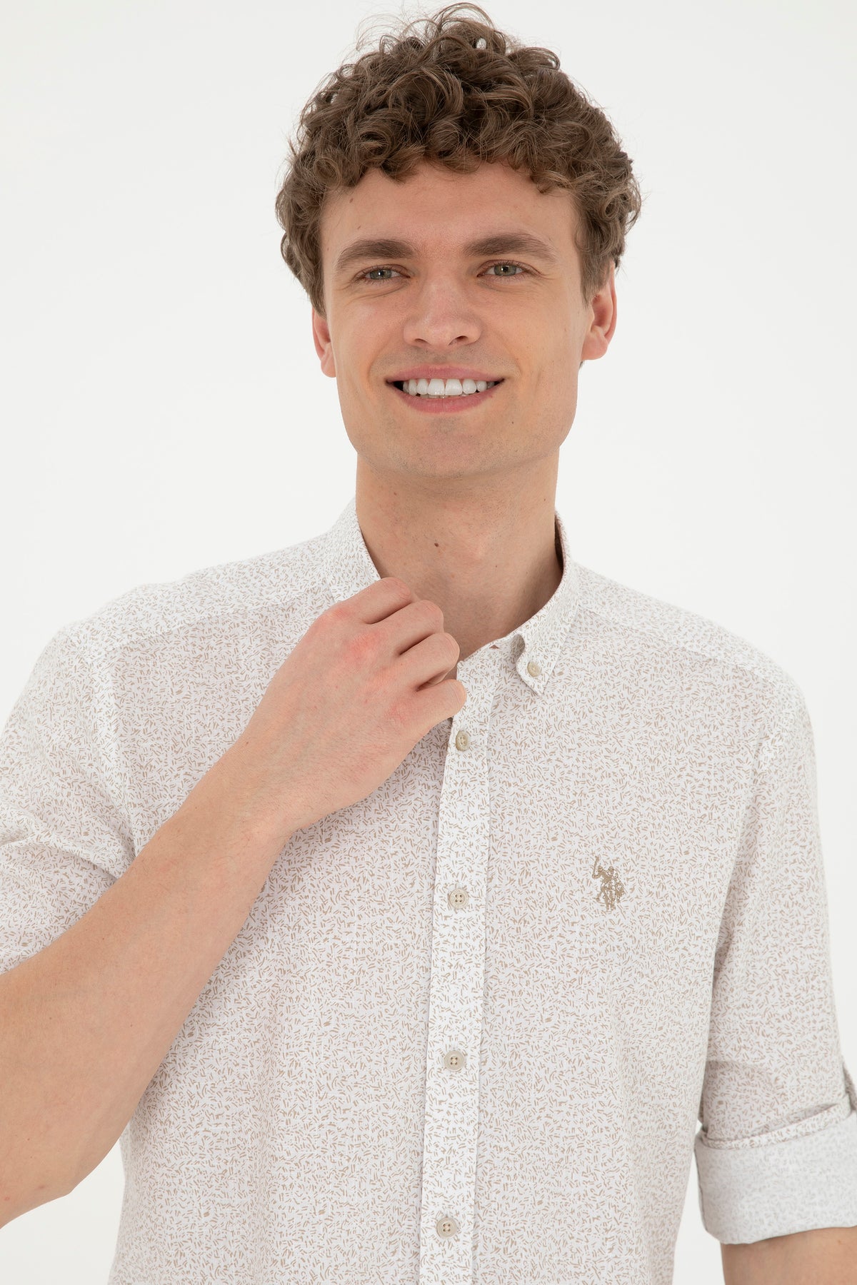 Cămașă Bărbați  Bej Cu Model Abstract Și Logo Discret