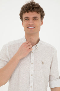 Cămașă Bărbați  Bej Cu Model Abstract Și Logo Discret