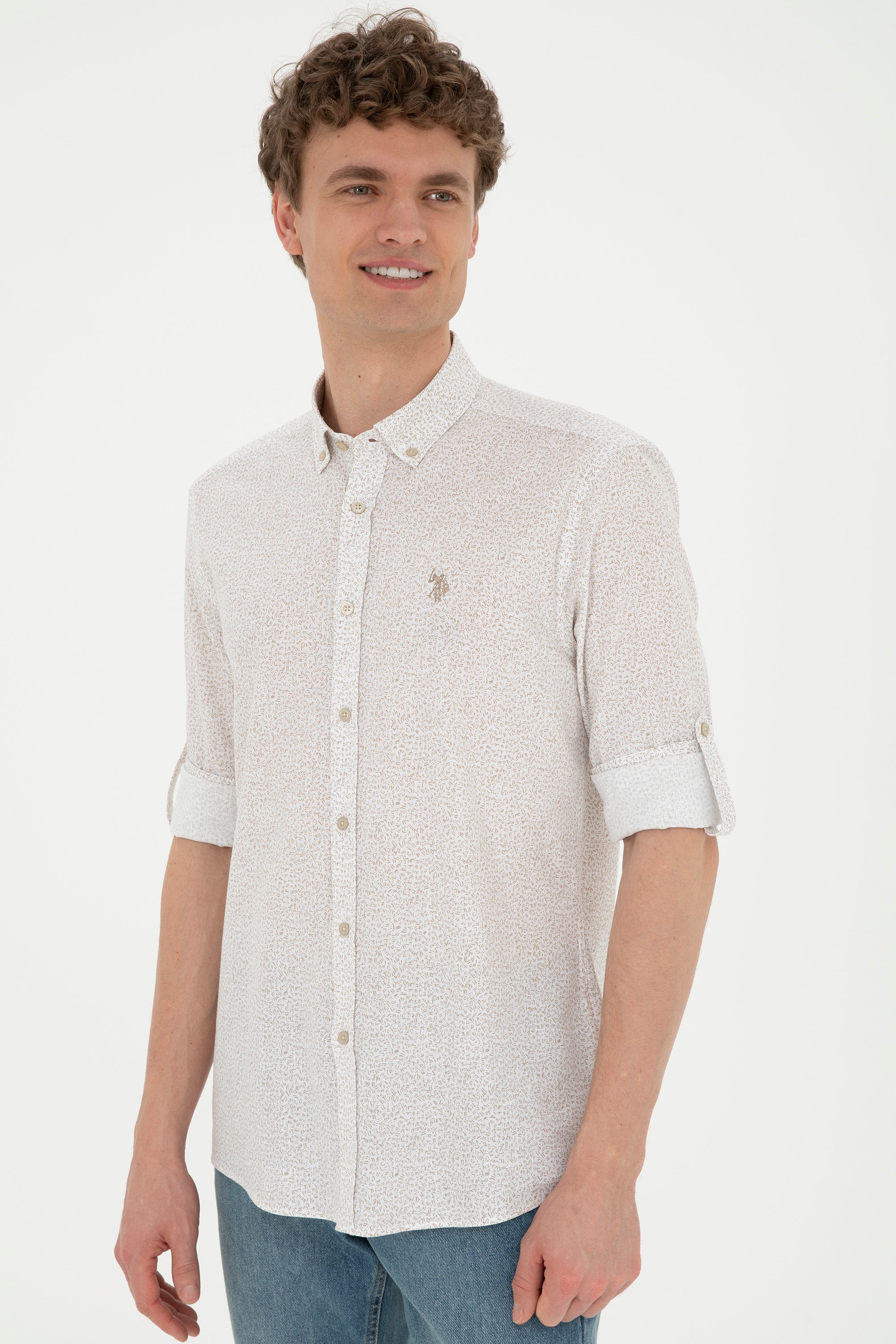 Cămașă Bărbați  Bej Cu Model Abstract Și Logo Discret