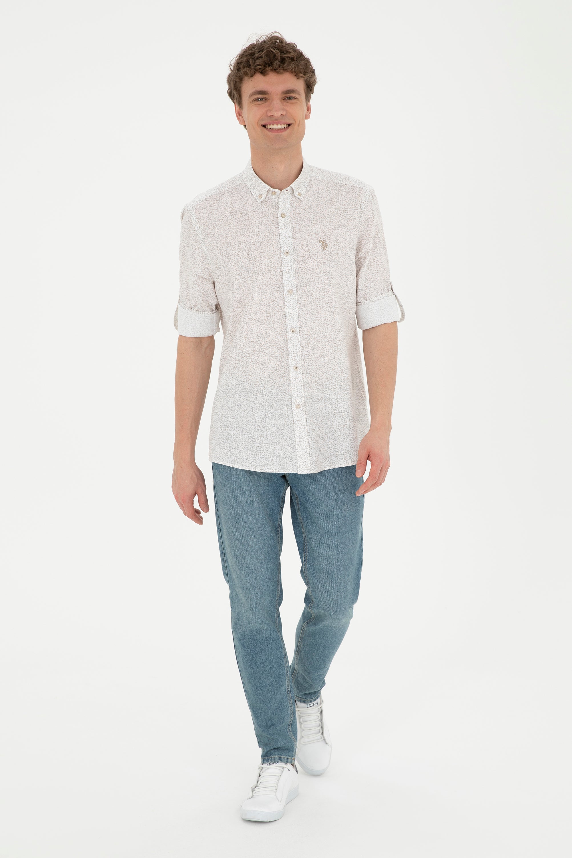 Cămașă Bărbați  Bej Cu Model Abstract Și Logo Discret