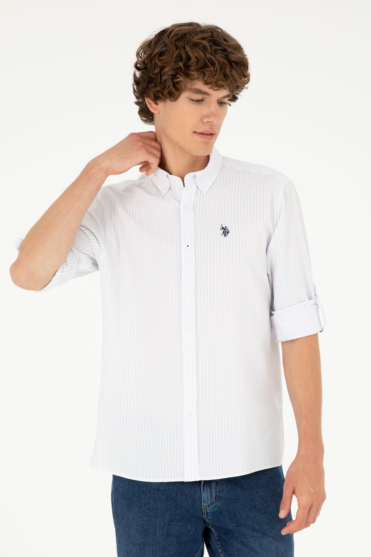 Cămașă Bărbați Alb Cu Dungi Lila Și Logo Discret