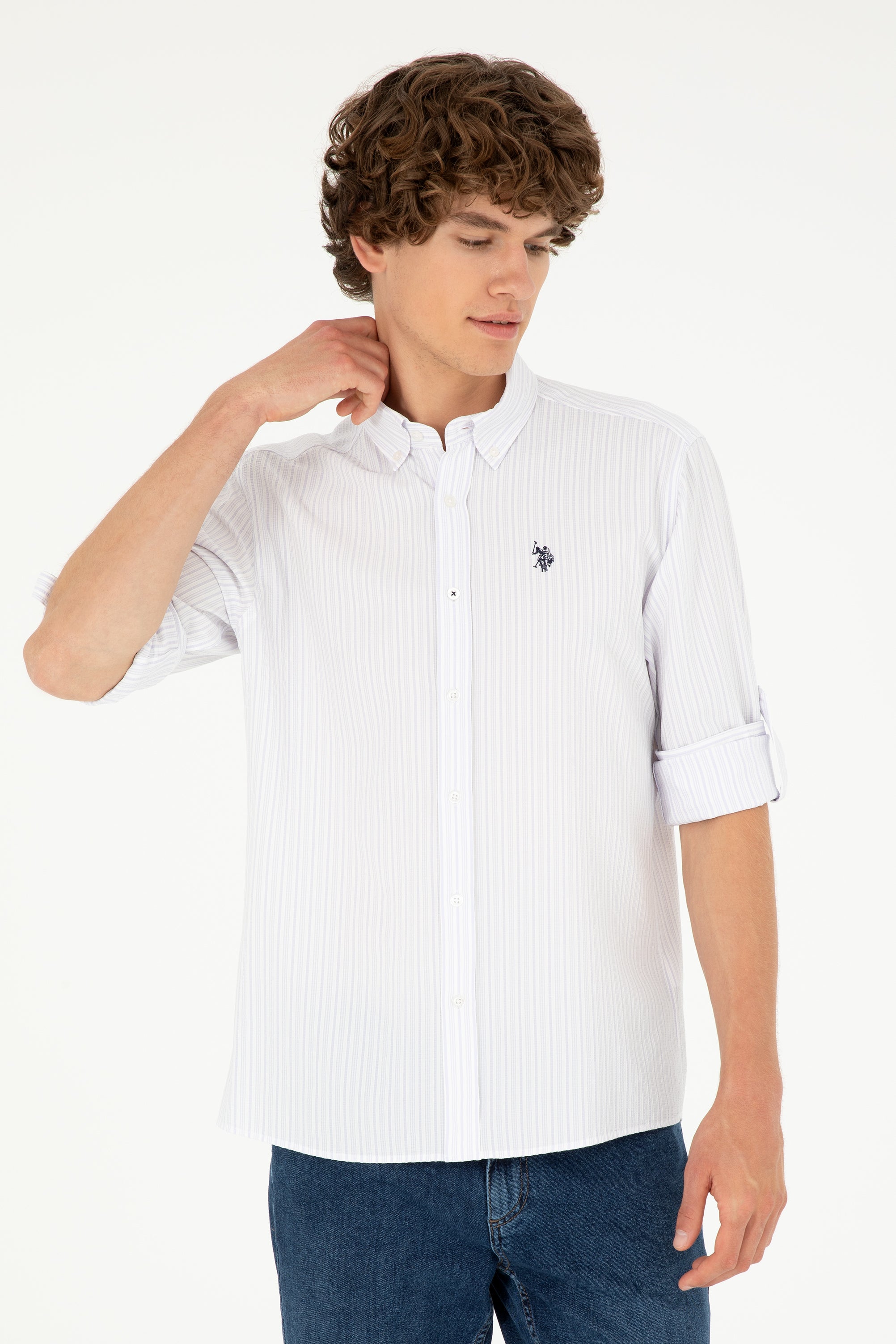 Cămașă Bărbați Alb Cu Dungi Lila Și Logo Discret